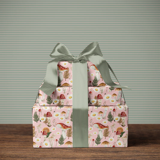 Mushroom and Daisy Cottagecore Pink Gift Wrapping Paper Sheets