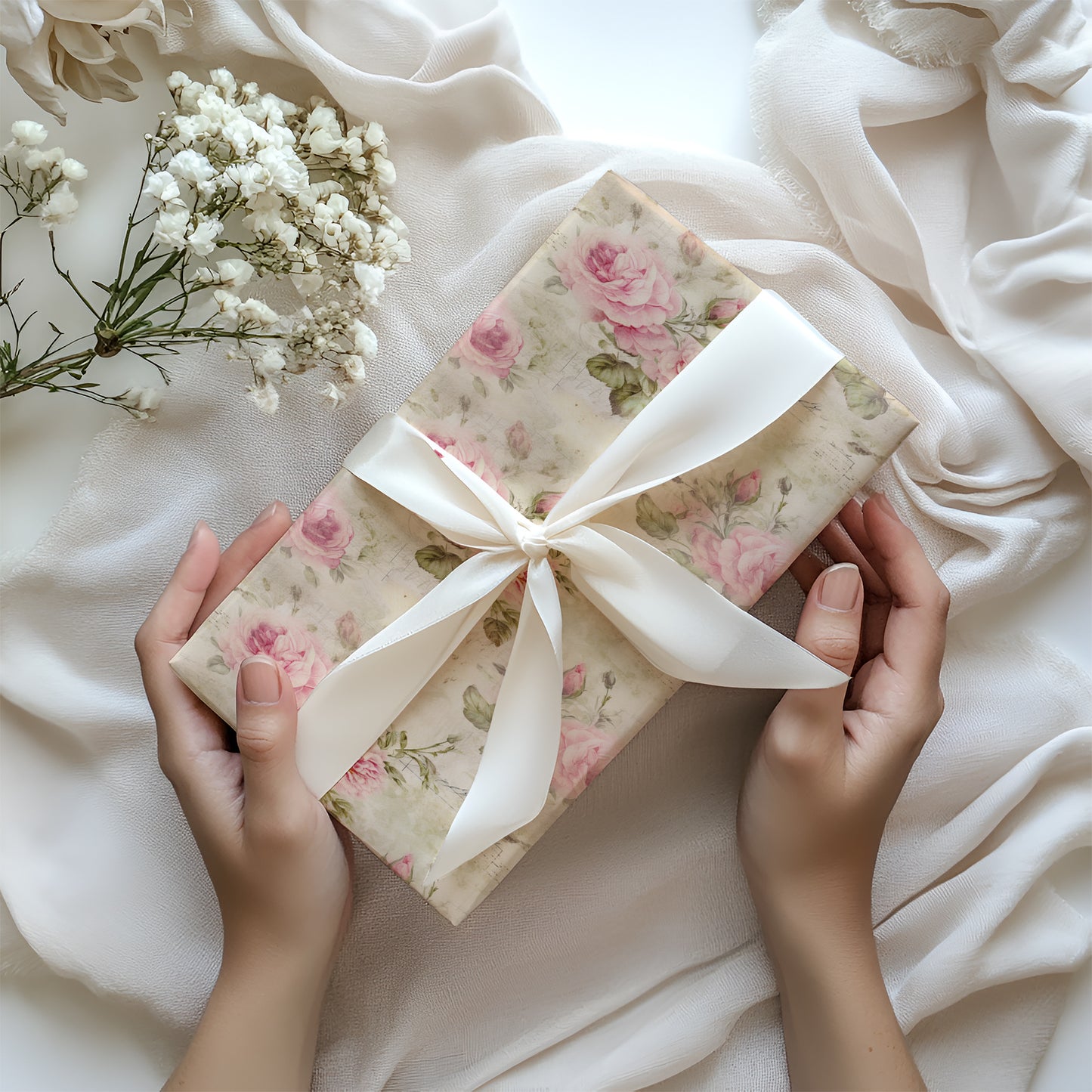 Blush Pink Victorian English Garden Rose Gift Wrapping Paper Sheets