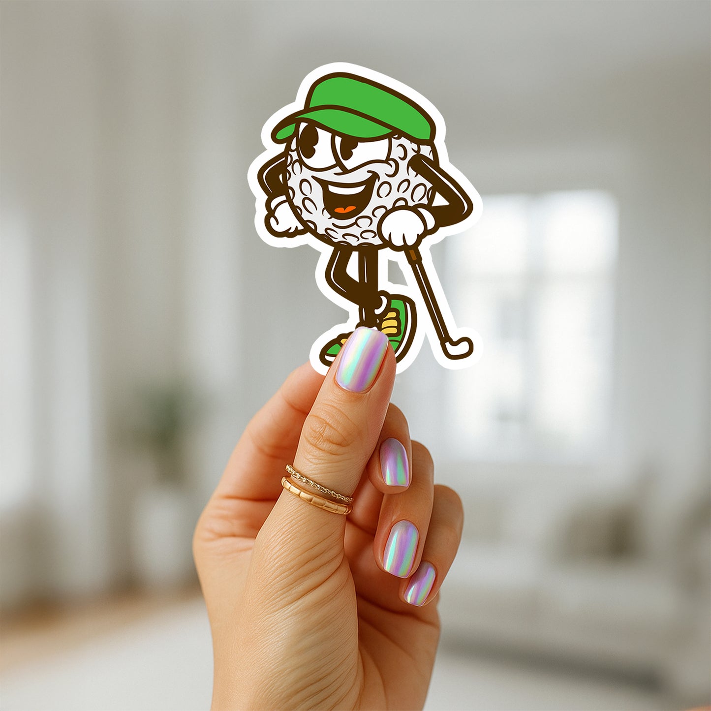 Retro Golf Ball Cartoon Green and Yellow Vinyl Kiss Cut Sticker