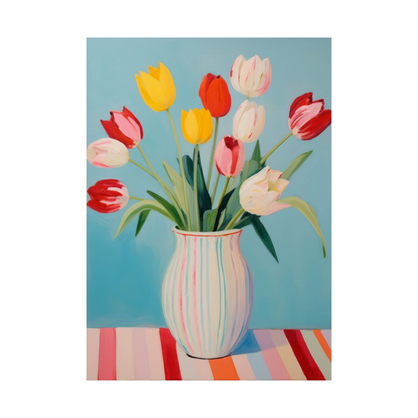 Colorful Tulips in Striped Vase Matte Vertical Poster Art Print