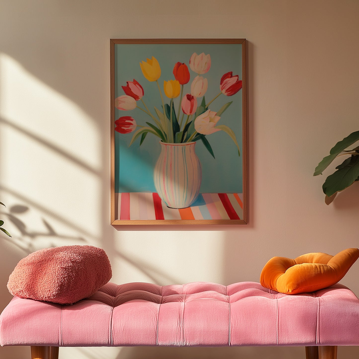 Colorful Tulips in Striped Vase Matte Vertical Poster Art Print