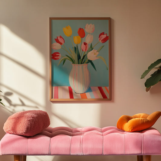 Colorful Tulips in Striped Vase Matte Vertical Poster Art Print
