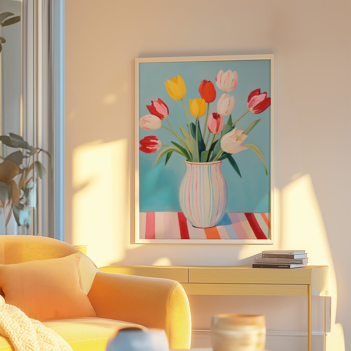 Colorful Tulips in Striped Vase Matte Vertical Poster Art Print