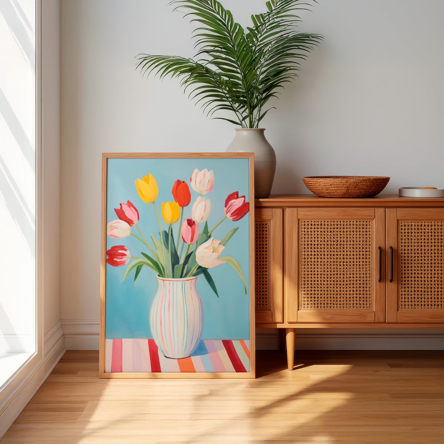 Colorful Tulips in Striped Vase Matte Vertical Poster Art Print