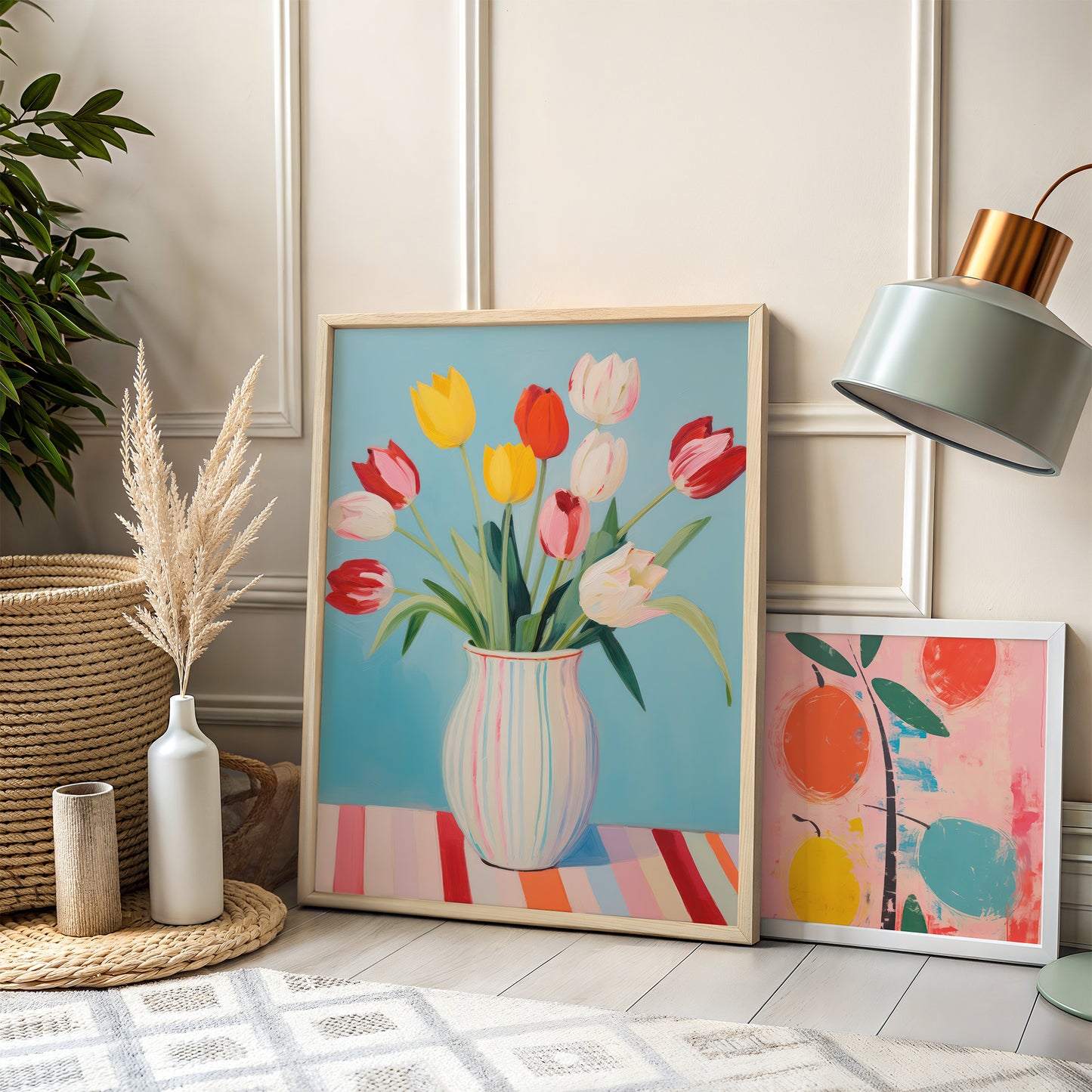 Colorful Tulips in Striped Vase Matte Vertical Poster Art Print