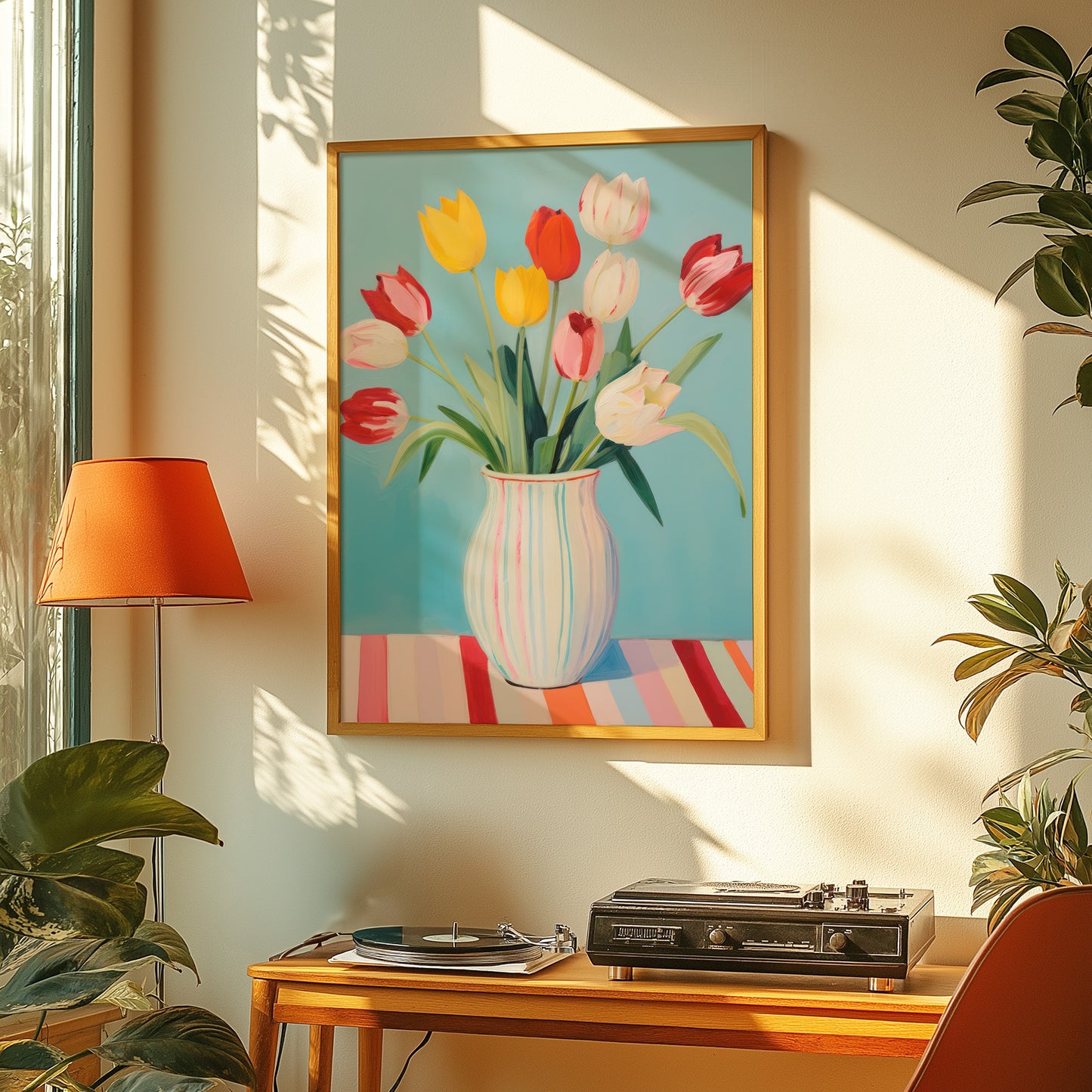 Colorful Tulips in Striped Vase Matte Vertical Poster Art Print