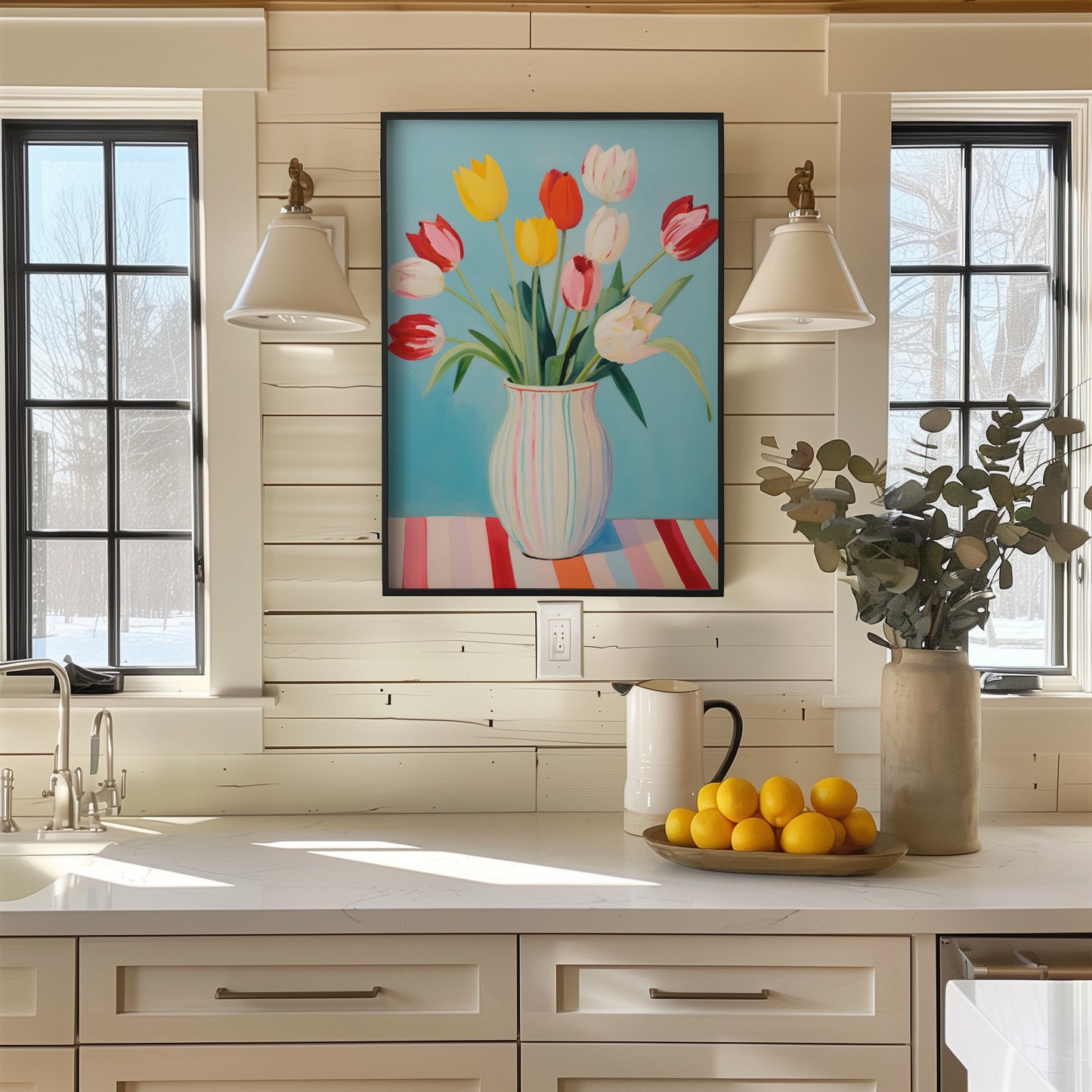 Colorful Tulips in Striped Vase Matte Vertical Poster Art Print