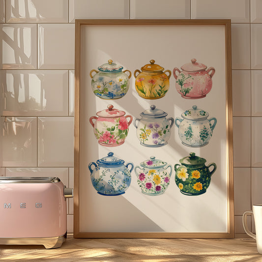 Floral Sugar Dish Pottery Collage Matte Vertical Poster Art Print