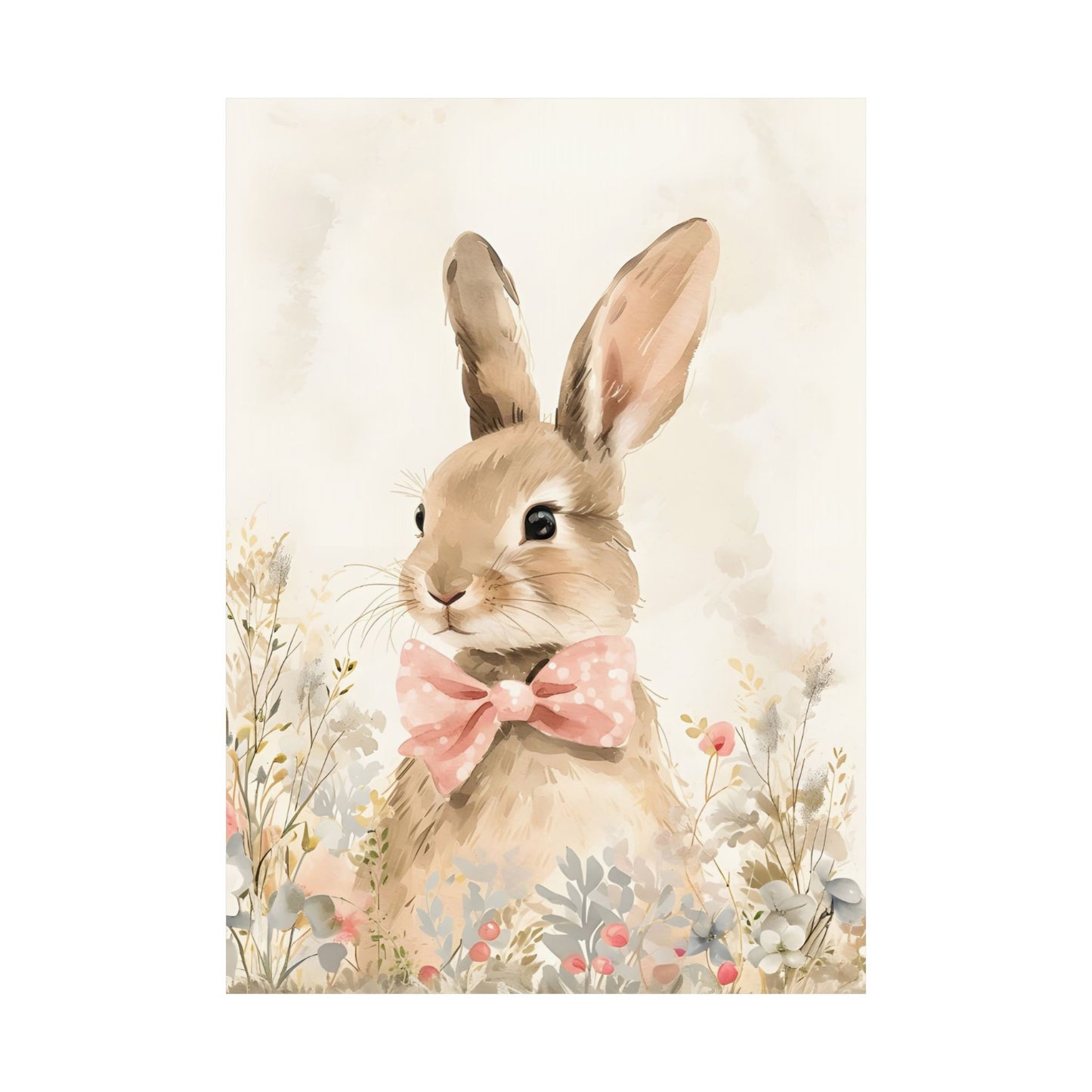 Bunny Rabbit with Pink Bow in Wildflowers Matte Vertical Poster Art Print