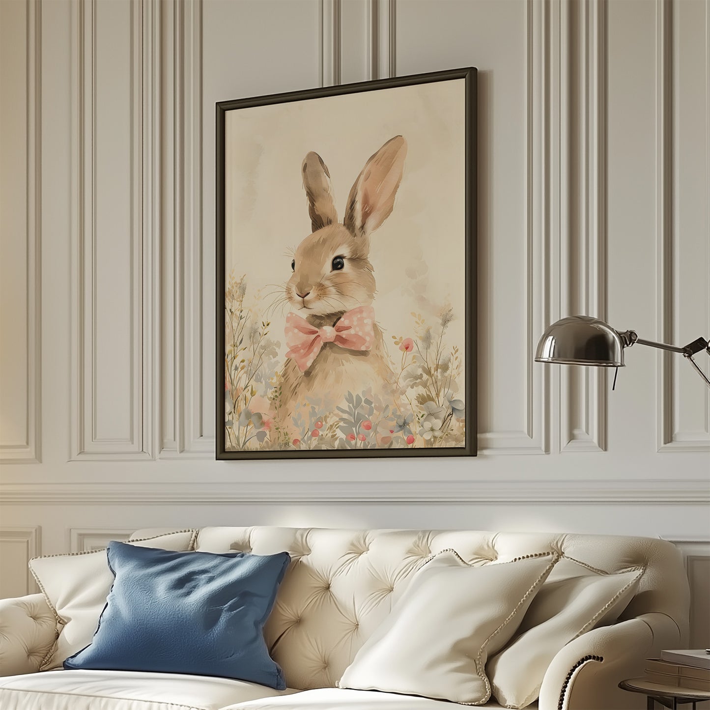 Bunny Rabbit with Pink Bow in Wildflowers Matte Vertical Poster Art Print