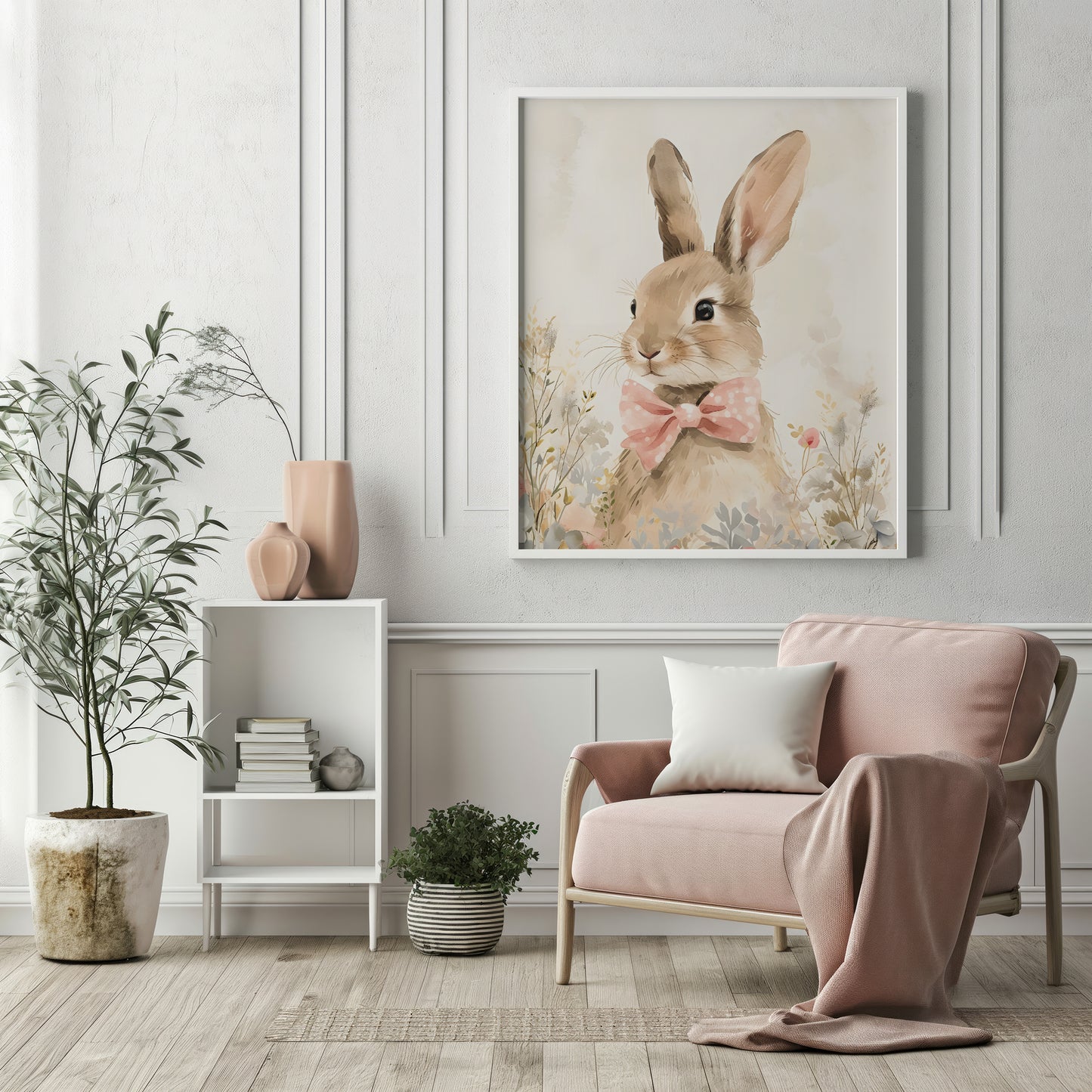 Bunny Rabbit with Pink Bow in Wildflowers Matte Vertical Poster Art Print