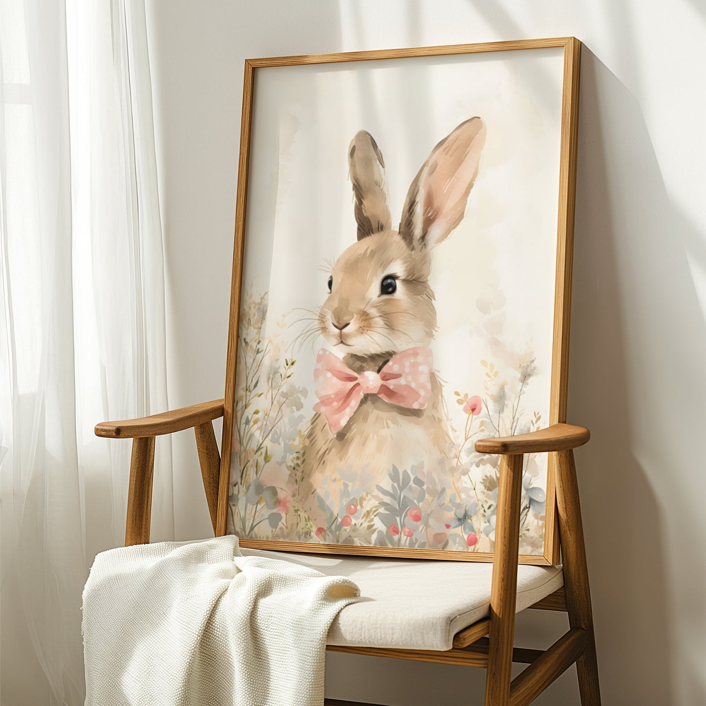 Bunny Rabbit with Pink Bow in Wildflowers Matte Vertical Poster Art Print
