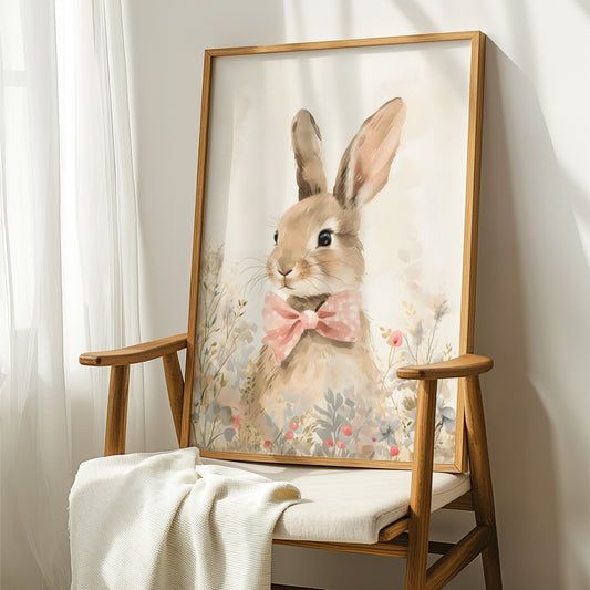 Bunny Rabbit with Pink Bow in Wildflowers Matte Vertical Poster Art Print