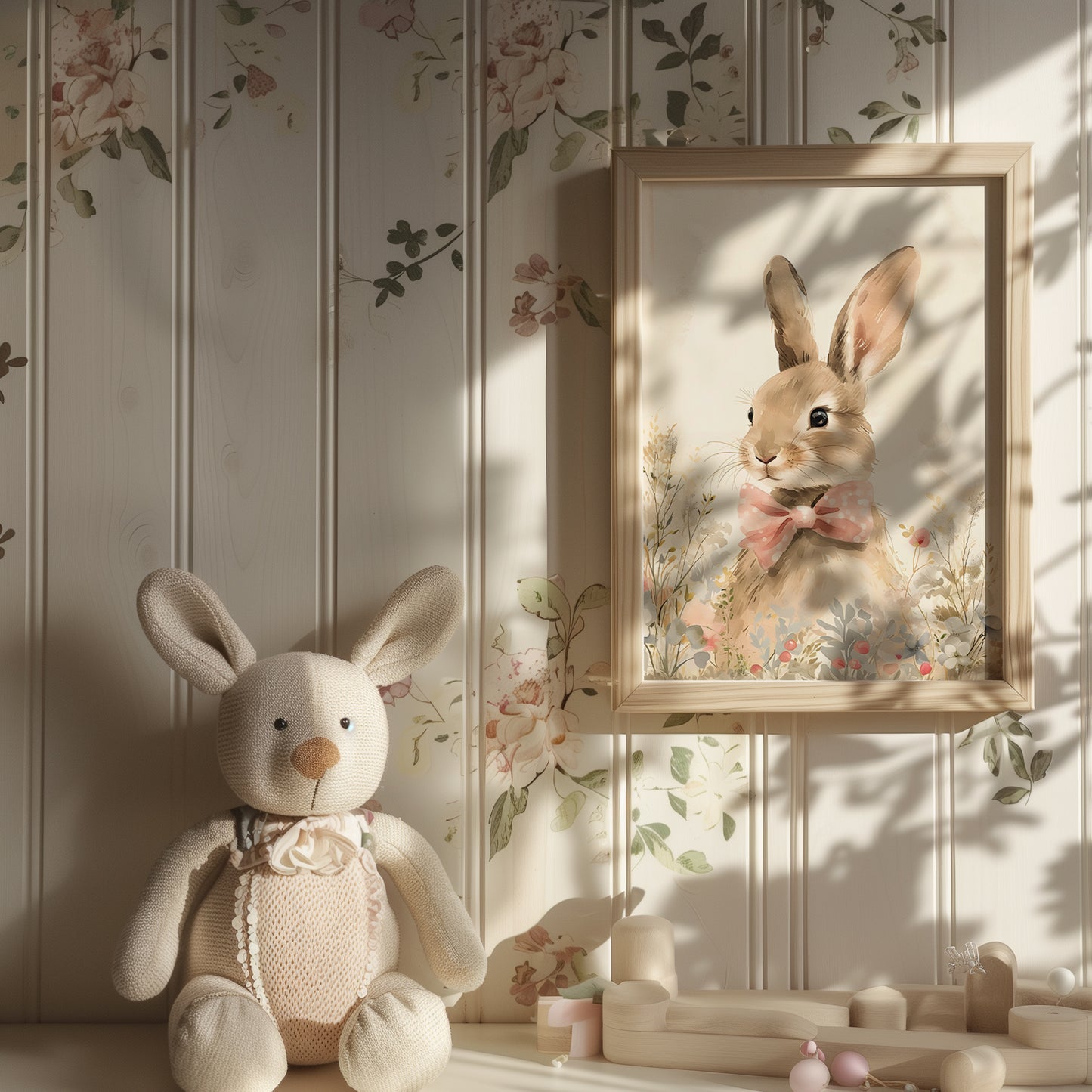 Bunny Rabbit with Pink Bow in Wildflowers Matte Vertical Poster Art Print