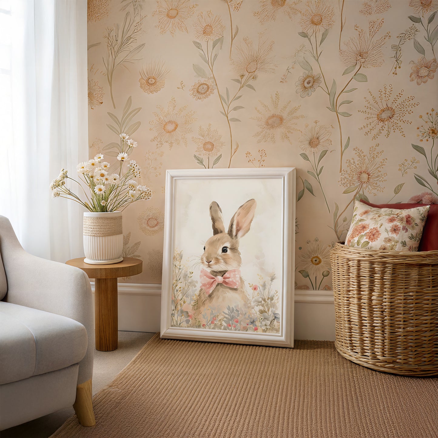 Bunny Rabbit with Pink Bow in Wildflowers Matte Vertical Poster Art Print