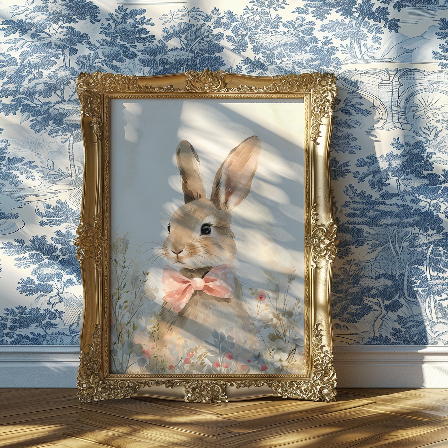 Bunny Rabbit with Pink Bow in Wildflowers Matte Vertical Poster Art Print