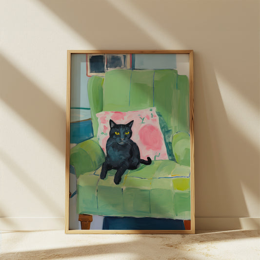 Black Cat on a Green Arm Chair Matte Vertical Poster Art Print