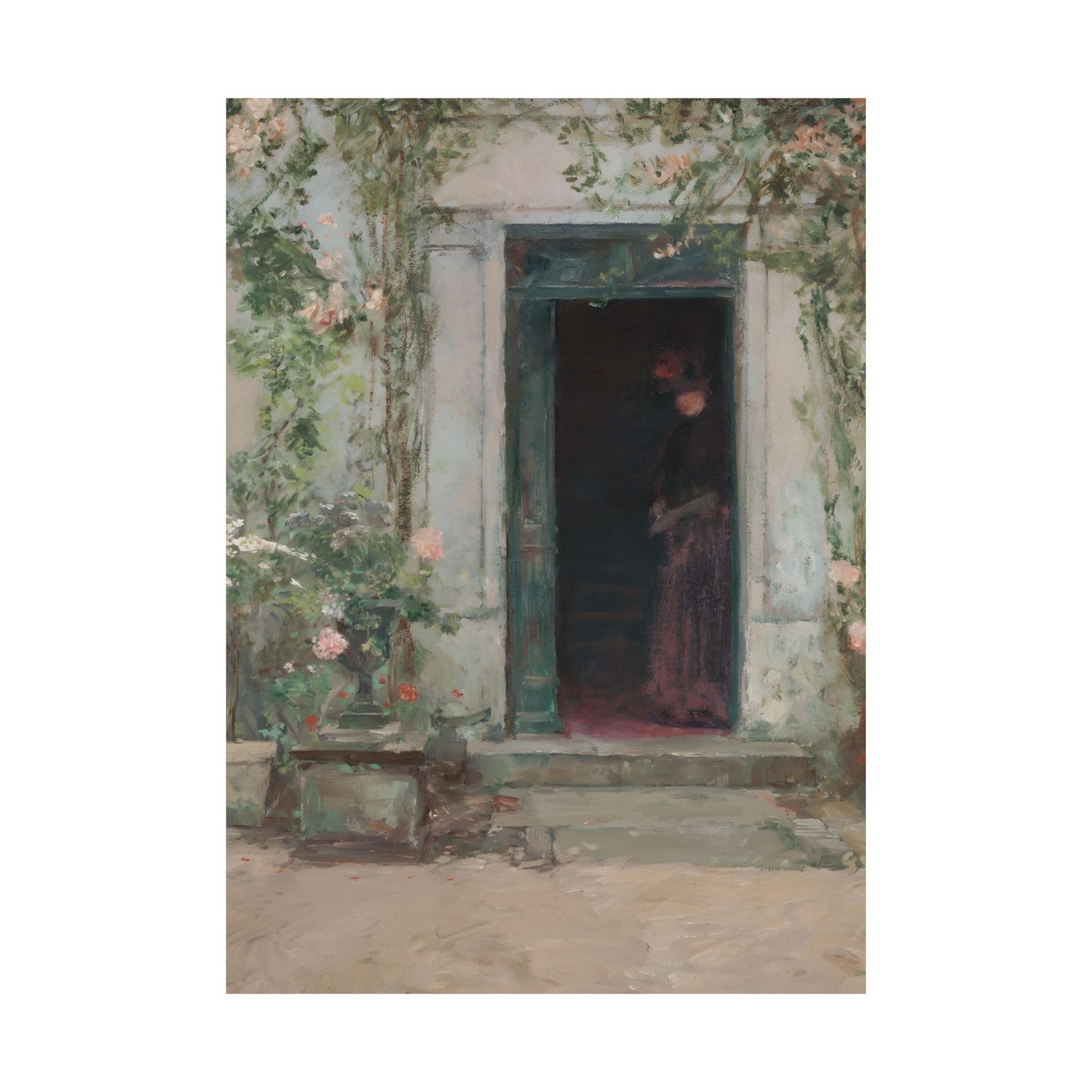 Victorian Woman in Floral Doorway Matte Vertical Poster Art Print
