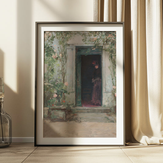 Victorian Woman in Floral Doorway Matte Vertical Poster Art Print