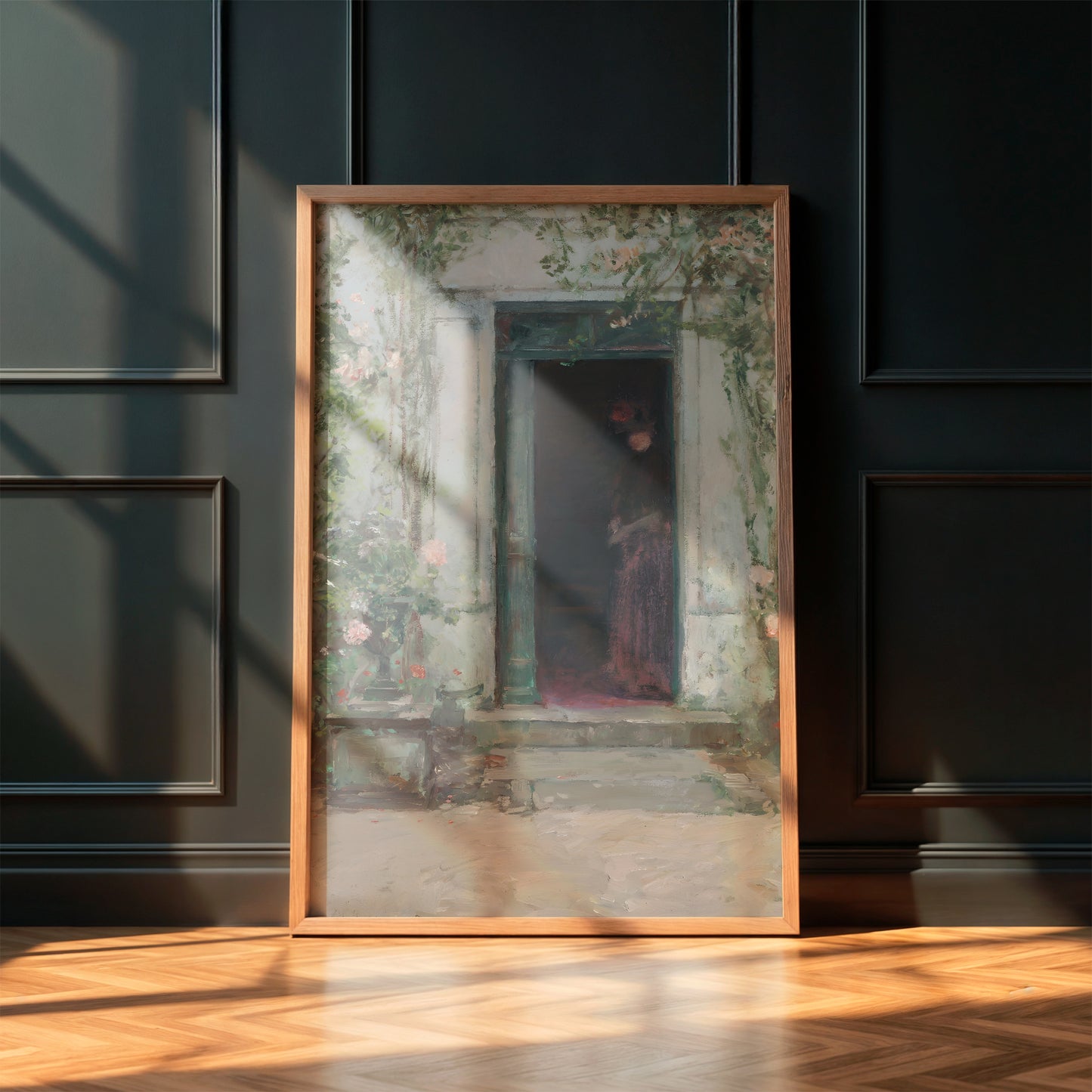 Victorian Woman in Floral Doorway Matte Vertical Poster Art Print