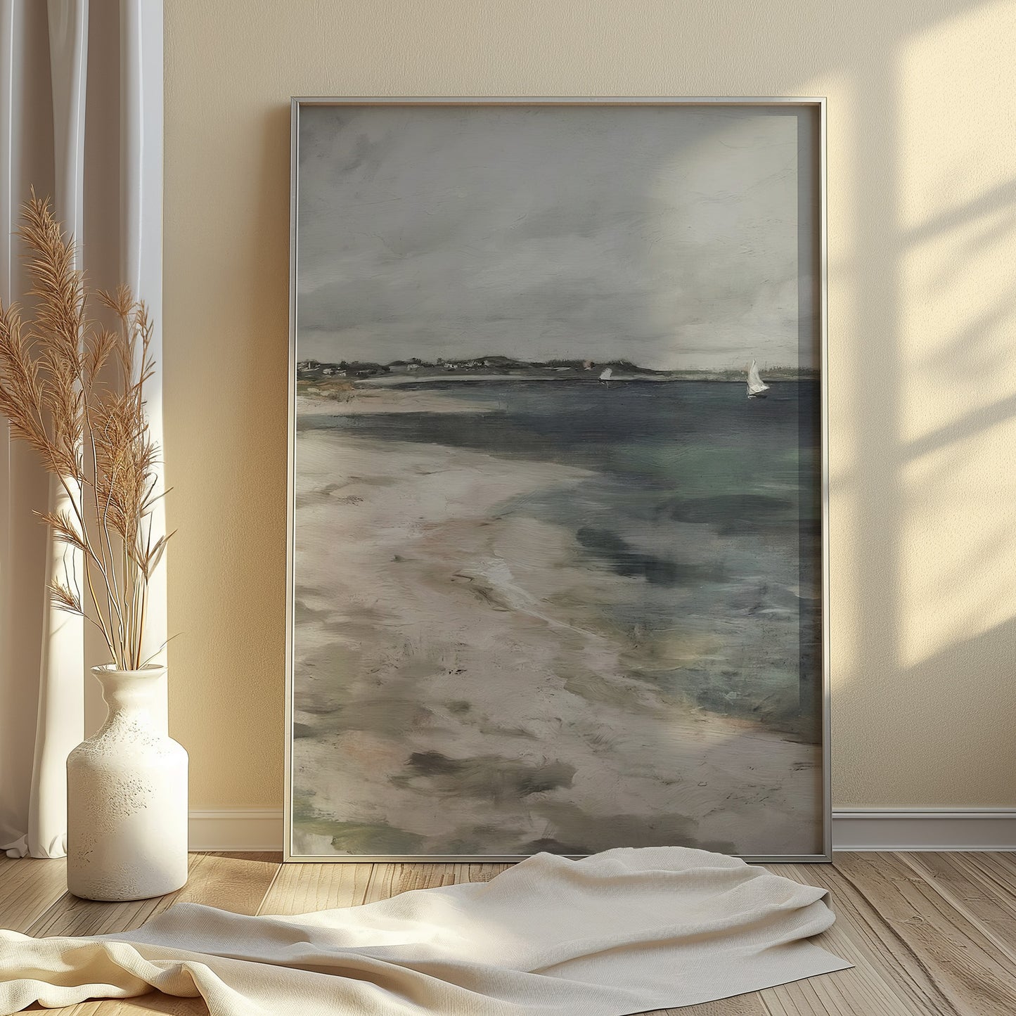 Washed Out Beach and Sailboats Matte Vertical Poster Art Print
