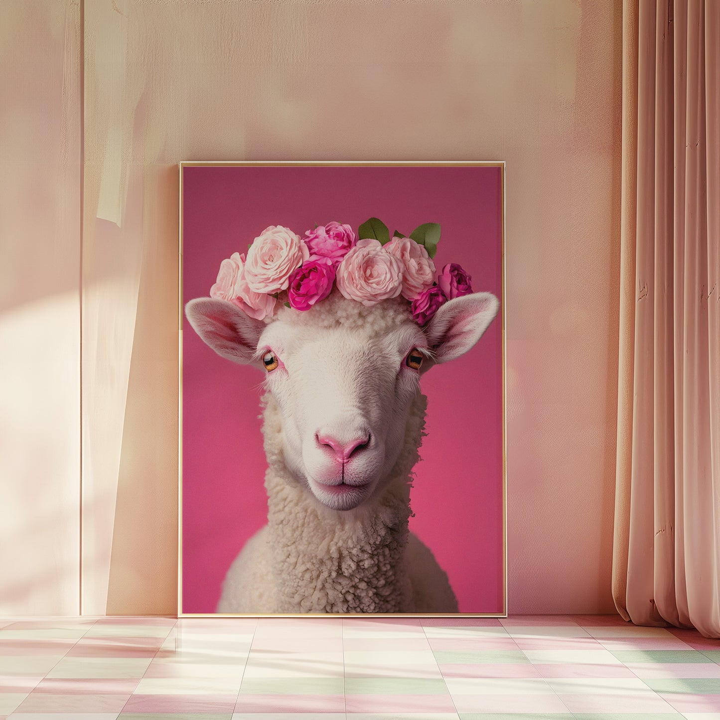 Fancy Sheep with Pink Flower Crown Matte Vertical Poster Art Print