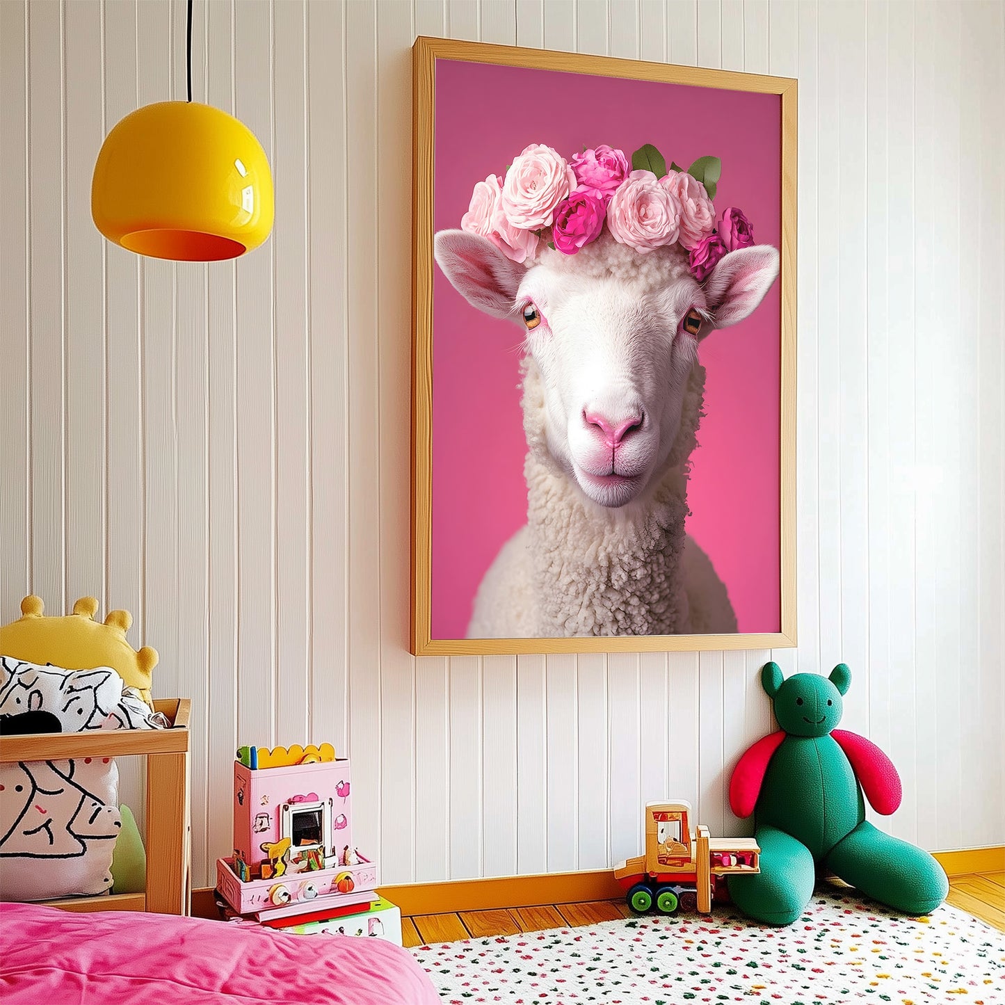 Fancy Sheep with Pink Flower Crown Matte Vertical Poster Art Print