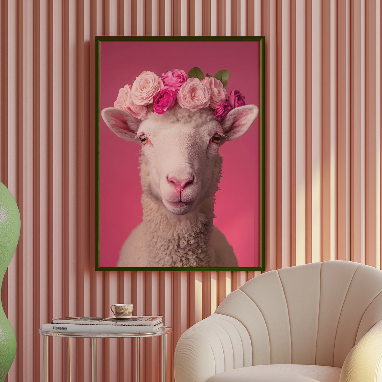 Fancy Sheep with Pink Flower Crown Matte Vertical Poster Art Print