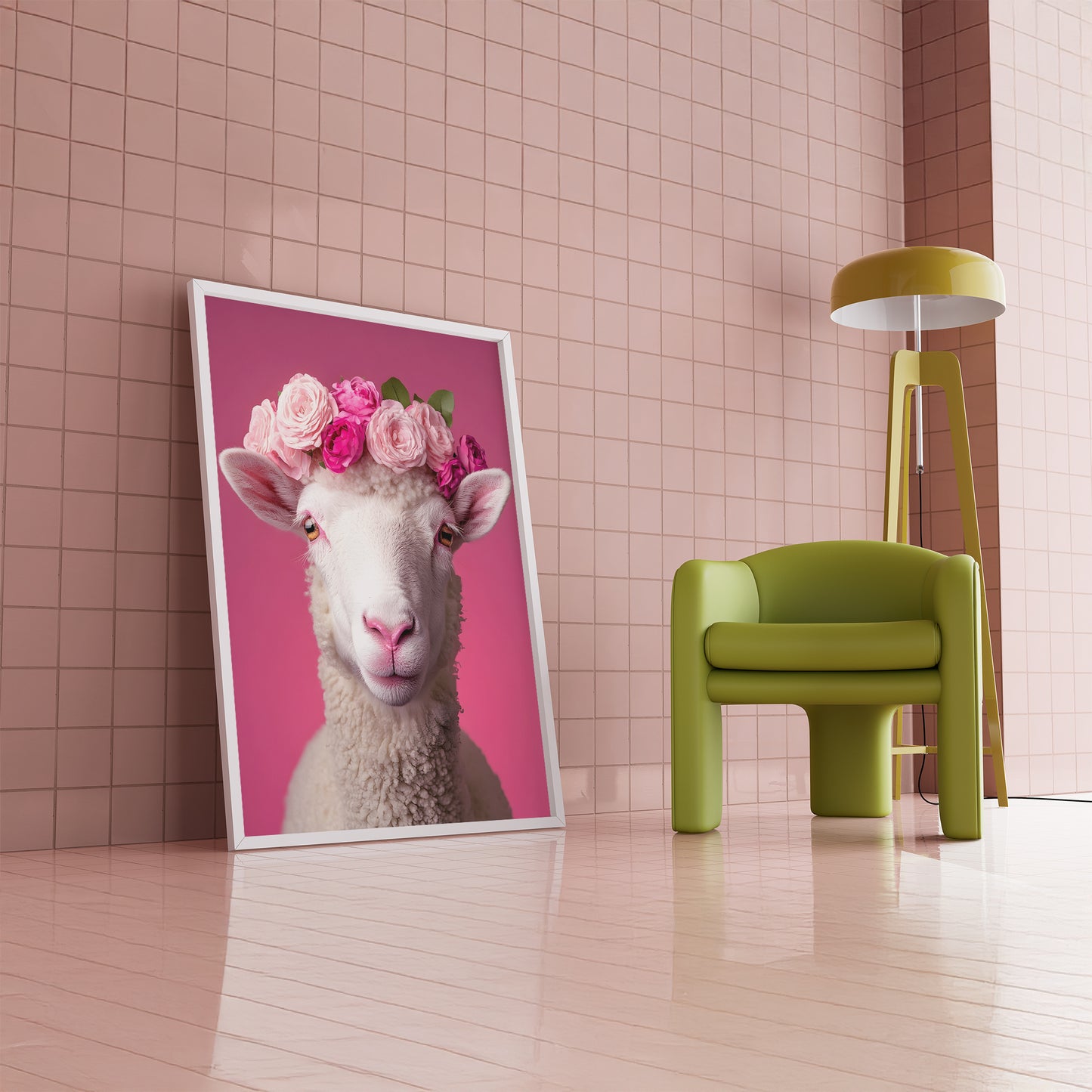 Fancy Sheep with Pink Flower Crown Matte Vertical Poster Art Print