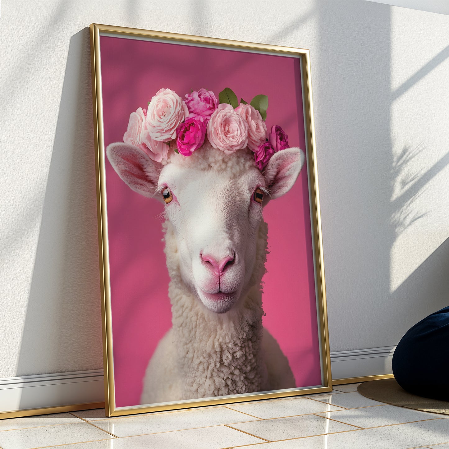 Fancy Sheep with Pink Flower Crown Matte Vertical Poster Art Print