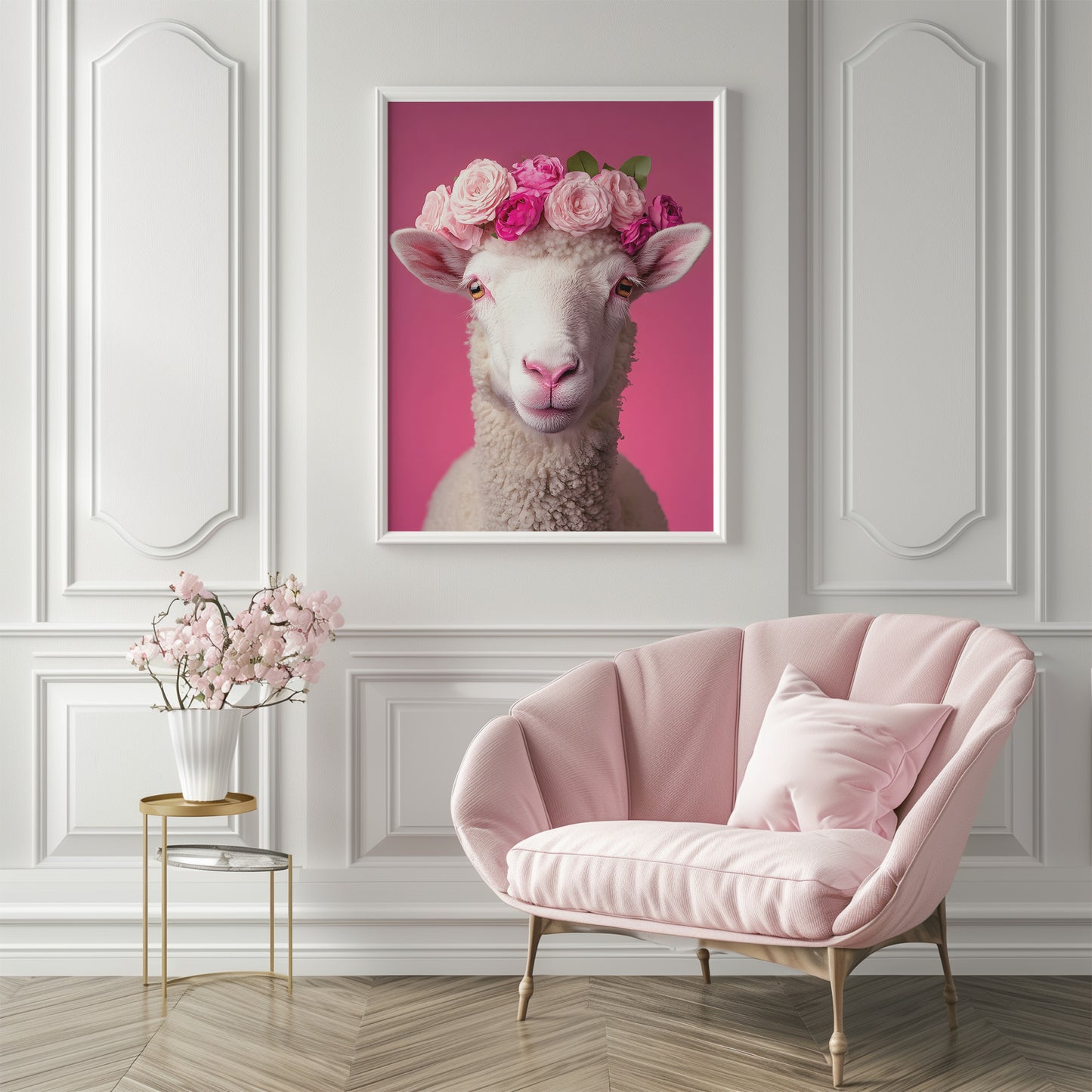 Fancy Sheep with Pink Flower Crown Matte Vertical Poster Art Print