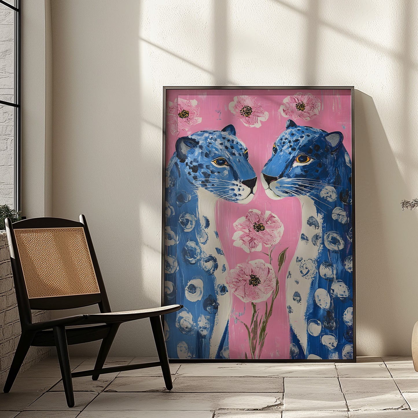 Blue Leopards with Pink Floral Background Matte Vertical Poster Art Print
