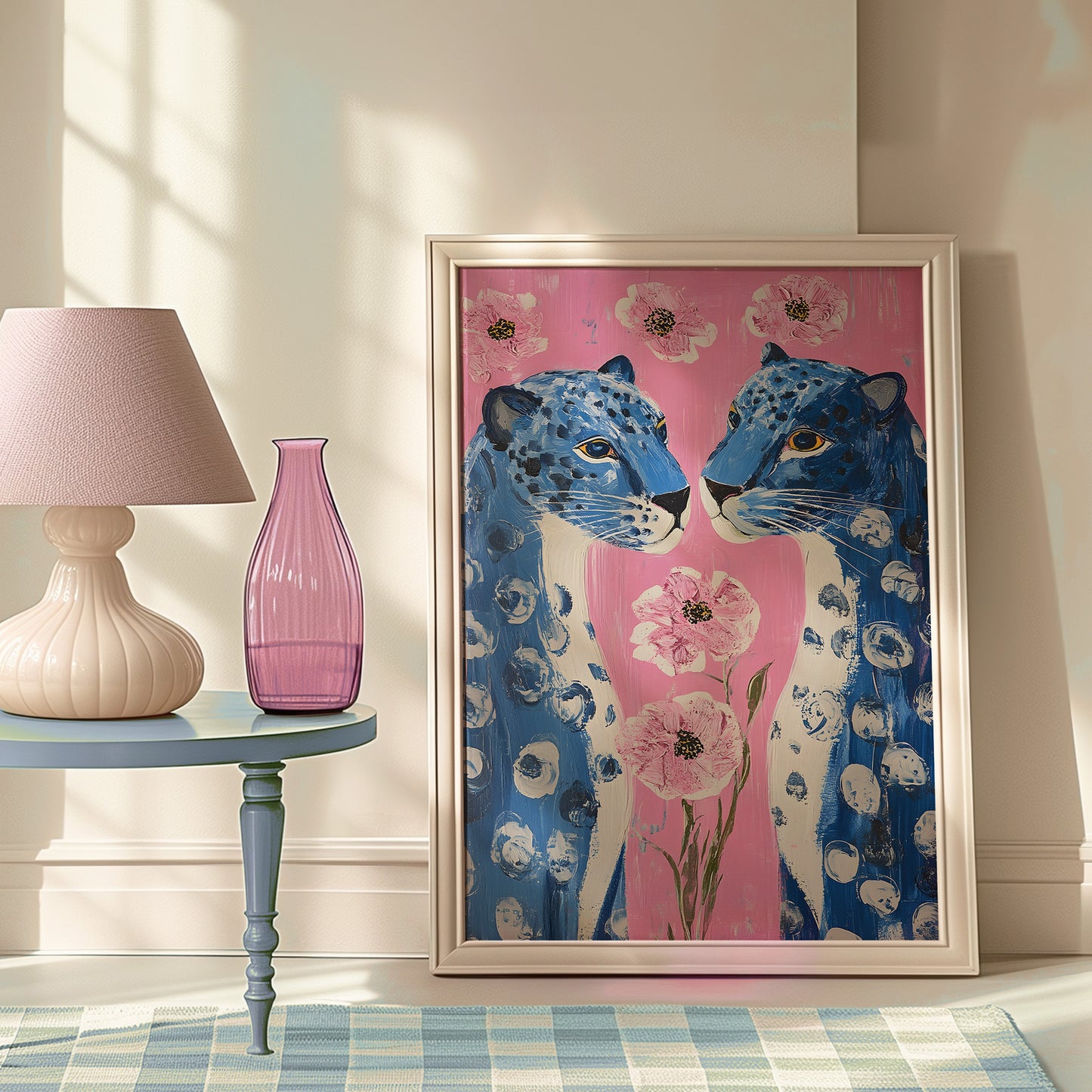 Blue Leopards with Pink Floral Background Matte Vertical Poster Art Print