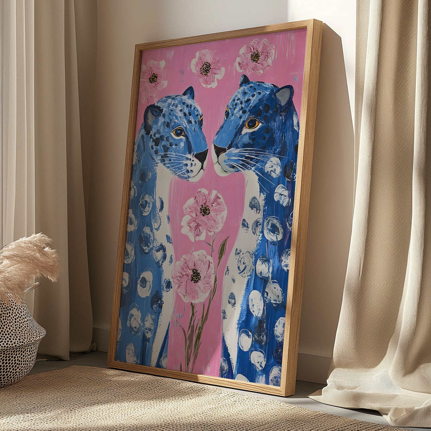 Blue Leopards with Pink Floral Background Matte Vertical Poster Art Print