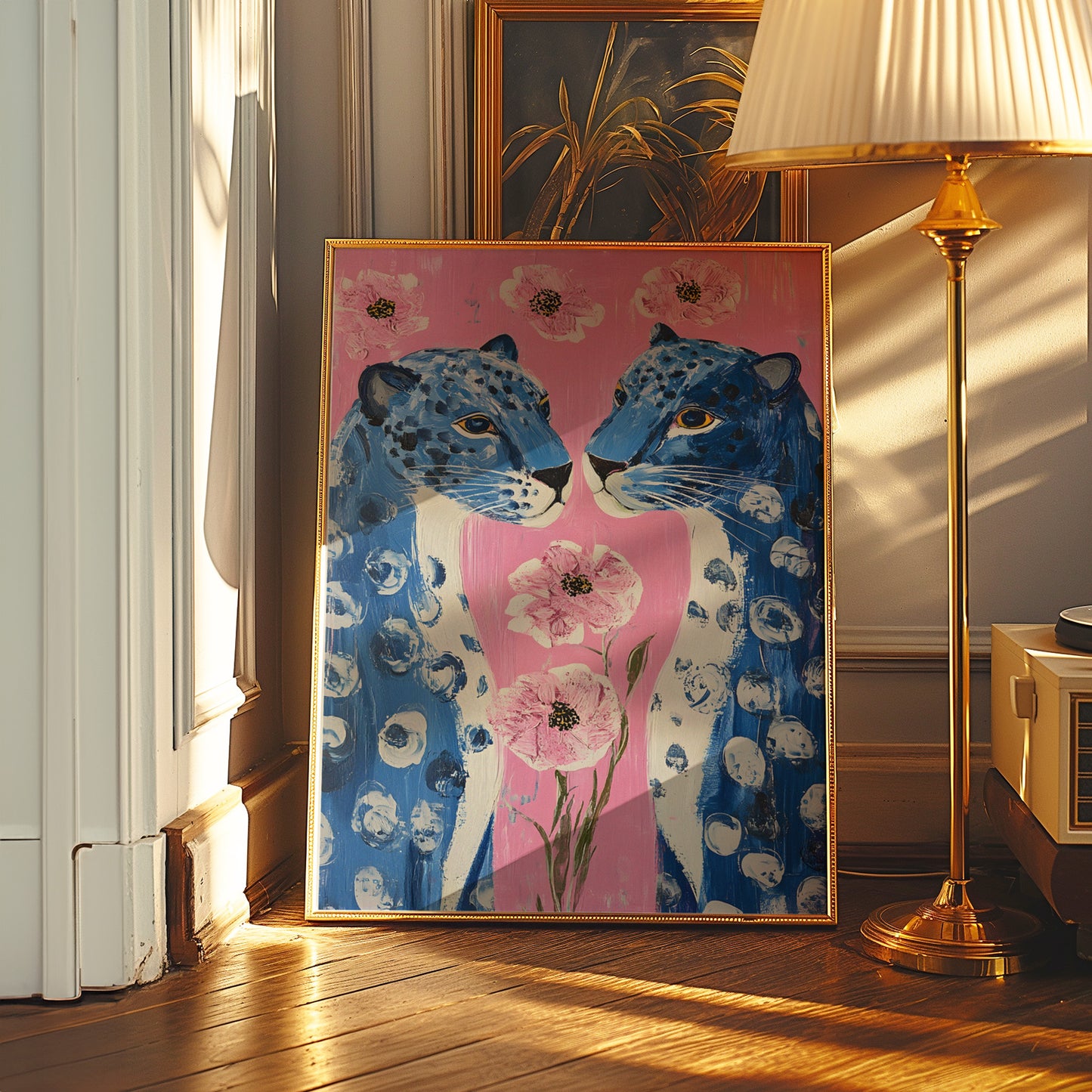 Blue Leopards with Pink Floral Background Matte Vertical Poster Art Print