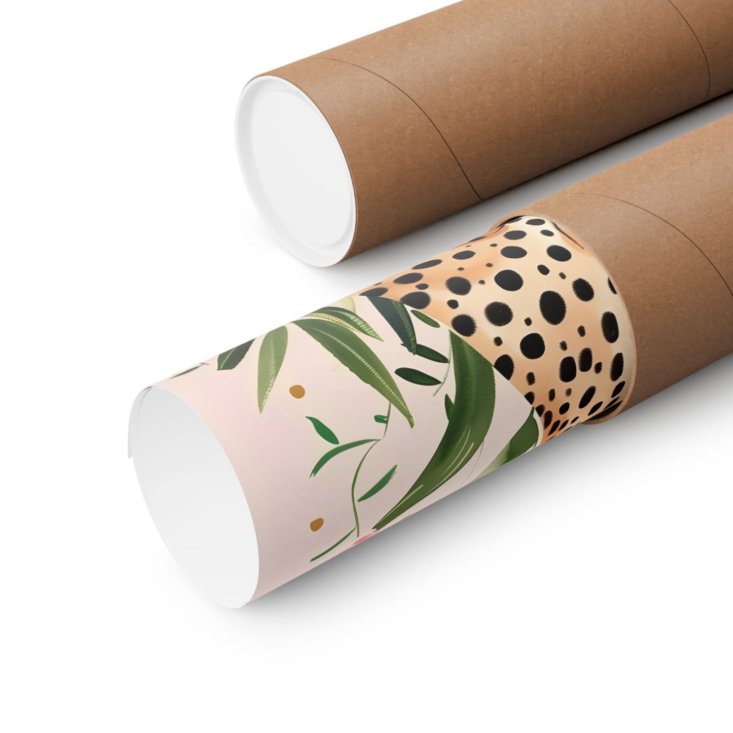 Whimsical Boho Leopard in Greenery with Pink Flowers Blush Background Matte Vertical Poster Art Print
