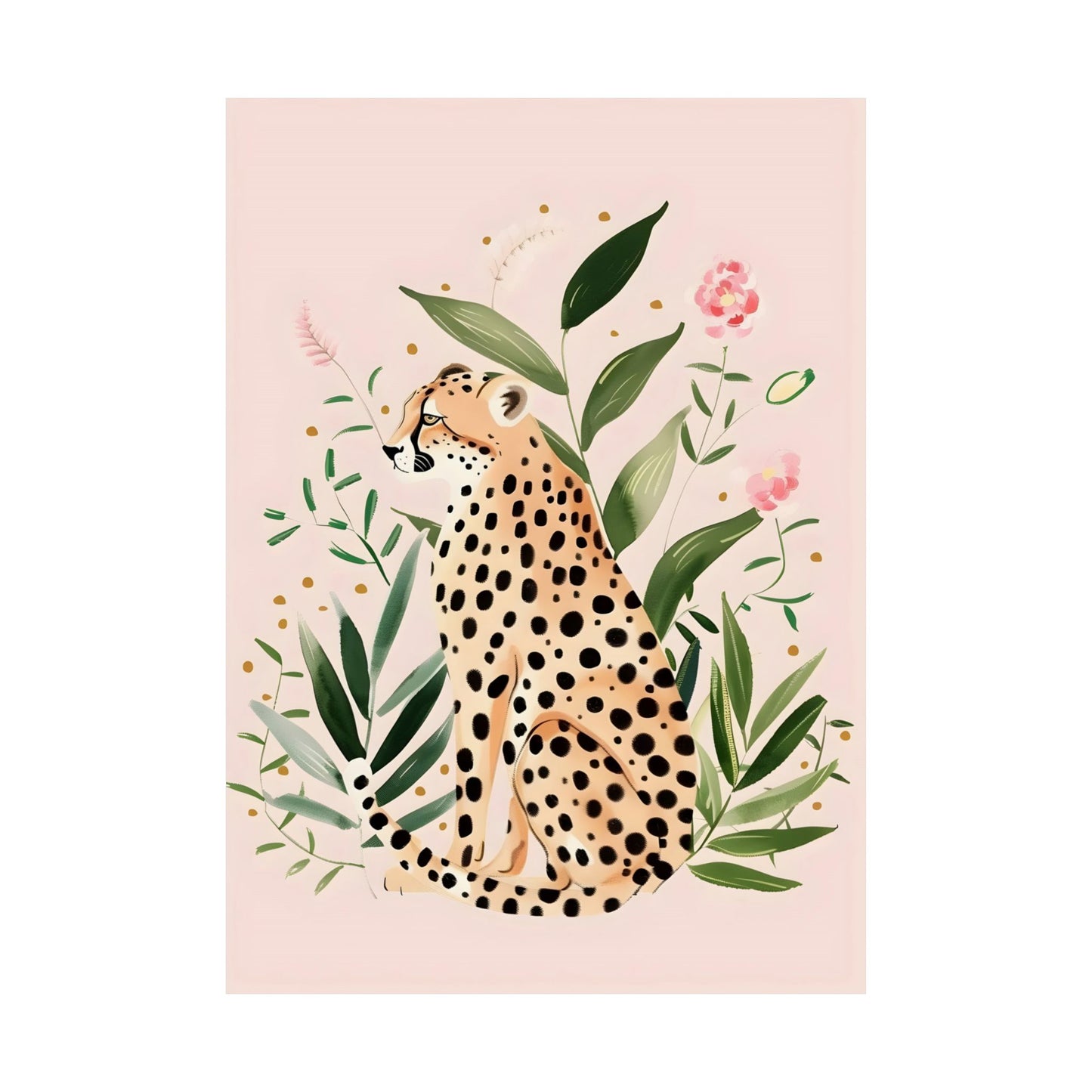 Whimsical Boho Leopard in Greenery with Pink Flowers Blush Background Matte Vertical Poster Art Print