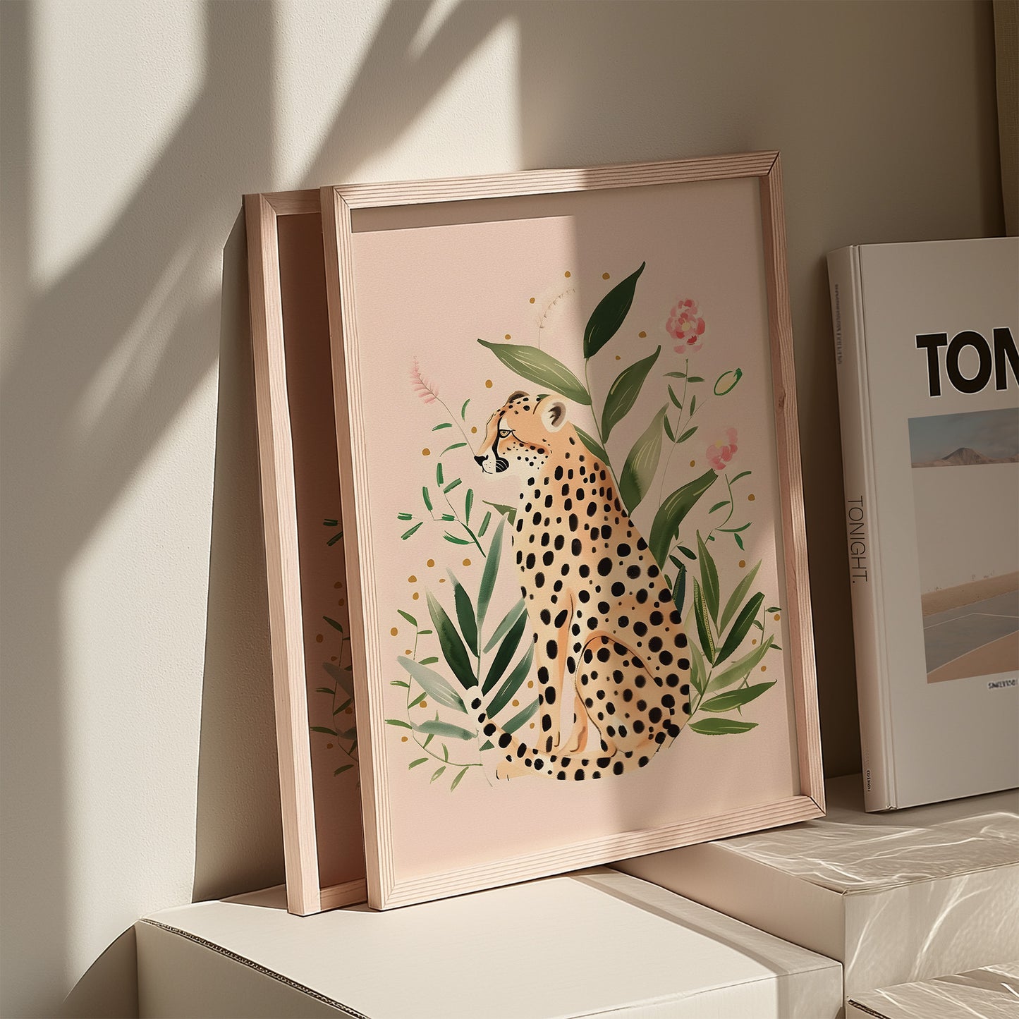 Whimsical Boho Leopard in Greenery with Pink Flowers Blush Background Matte Vertical Poster Art Print