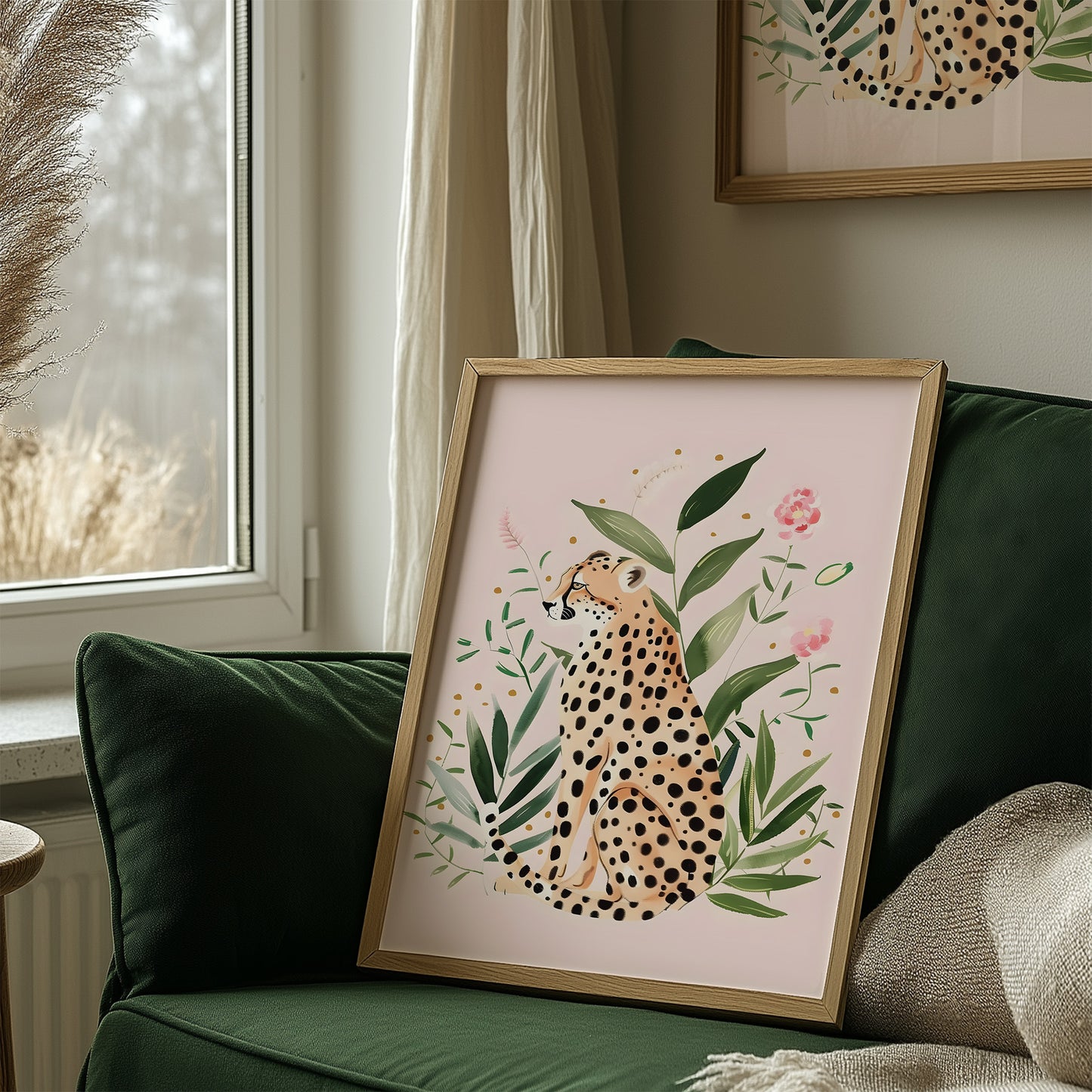 Whimsical Boho Leopard in Greenery with Pink Flowers Blush Background Matte Vertical Poster Art Print