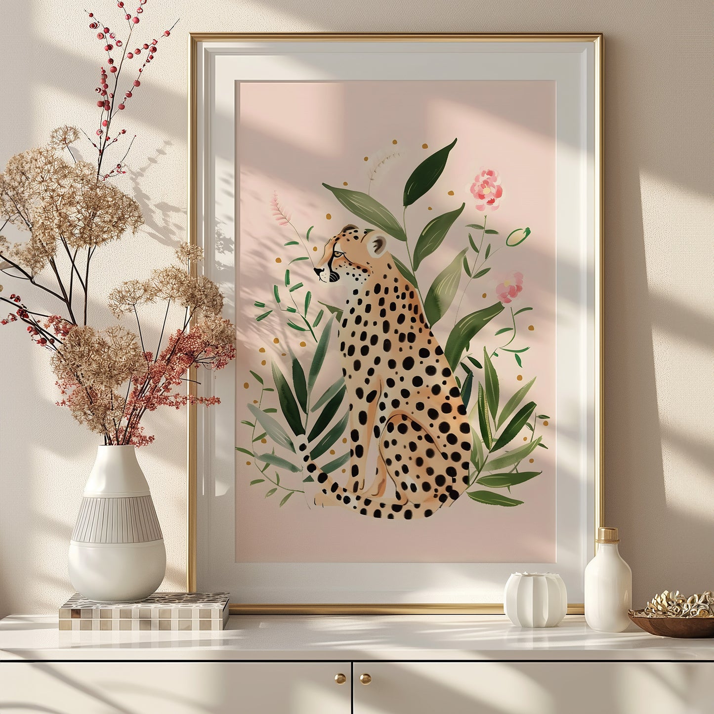 Whimsical Boho Leopard in Greenery with Pink Flowers Blush Background Matte Vertical Poster Art Print