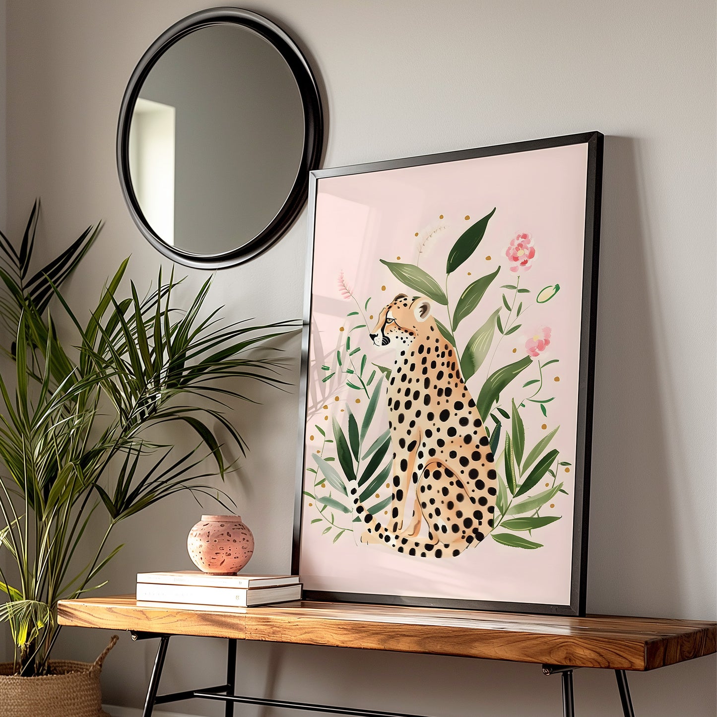 Whimsical Boho Leopard in Greenery with Pink Flowers Blush Background Matte Vertical Poster Art Print