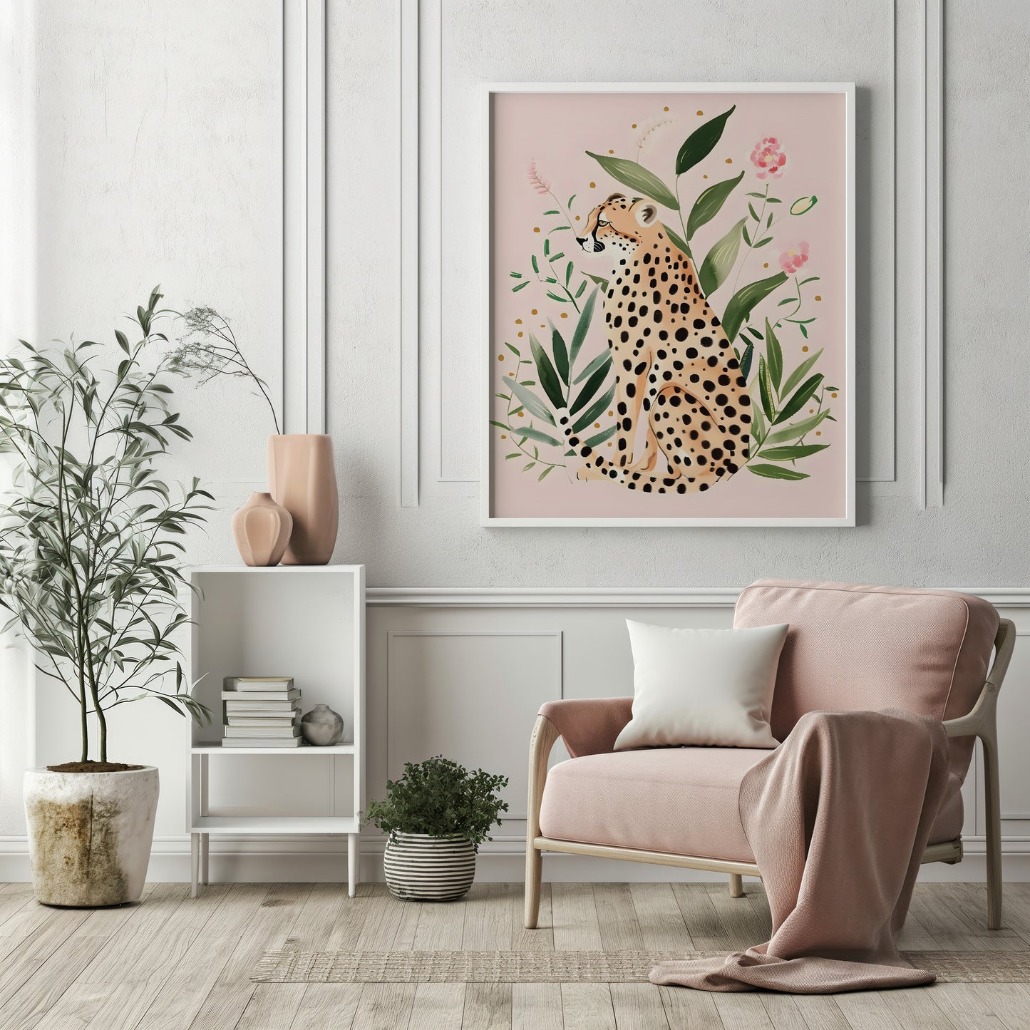 Whimsical Boho Leopard in Greenery with Pink Flowers Blush Background Matte Vertical Poster Art Print