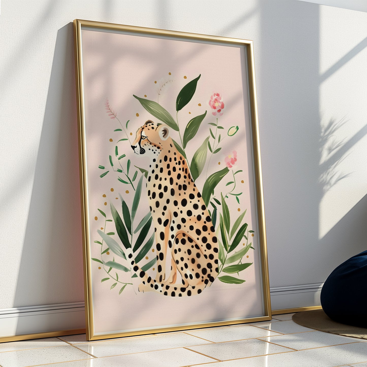 Whimsical Boho Leopard in Greenery with Pink Flowers Blush Background Matte Vertical Poster Art Print