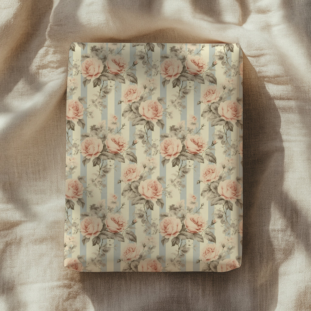 Vintage Coquette Blush Roses with Blue Stripes Gift Wrapping Papers