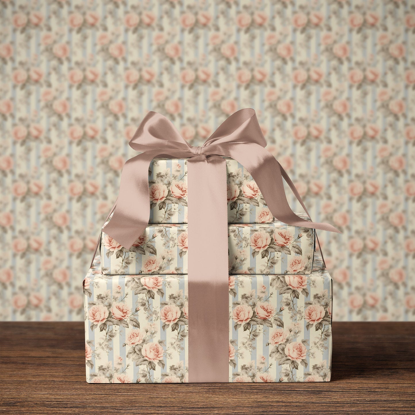 Vintage Coquette Blush Roses with Blue Stripes Gift Wrapping Papers