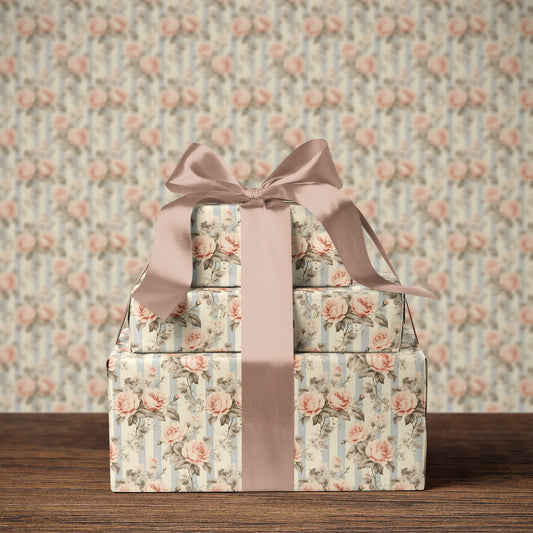 Vintage Coquette Blush Roses with Blue Stripes Gift Wrapping Papers