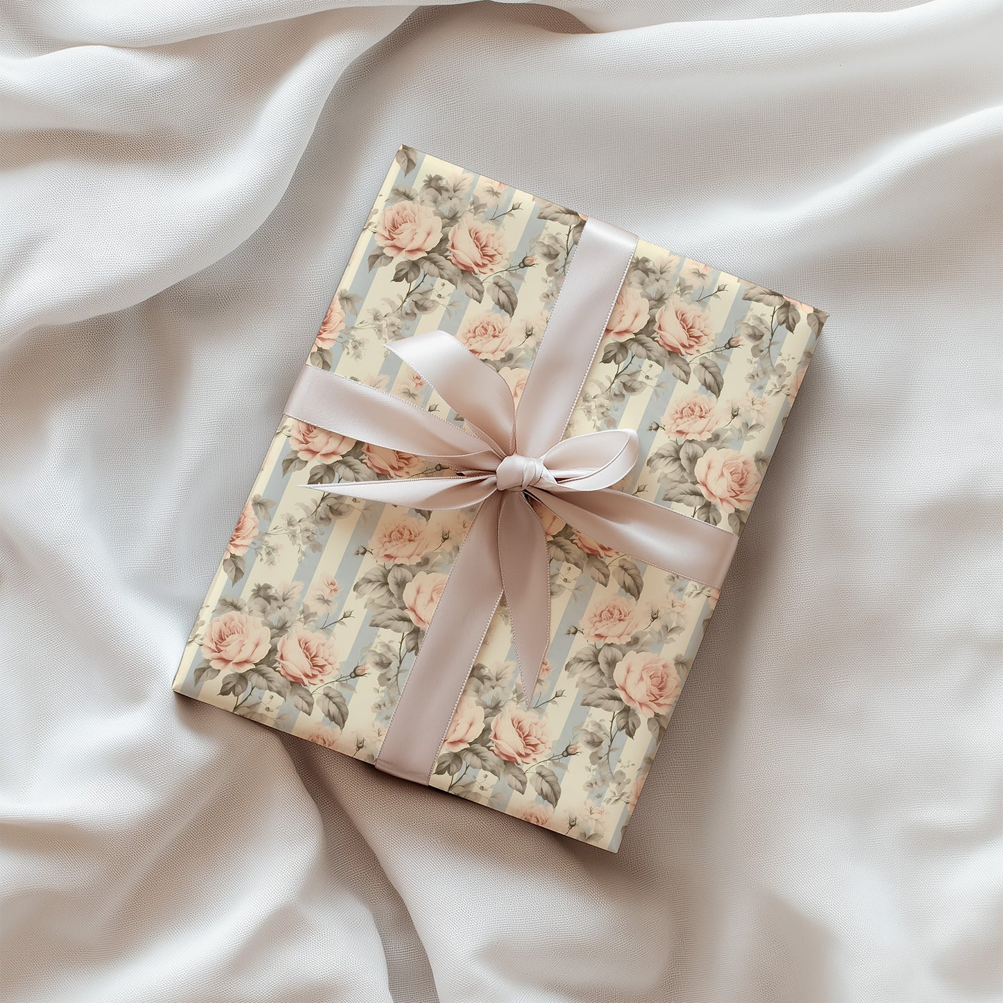 Vintage Coquette Blush Roses with Blue Stripes Gift Wrapping Papers