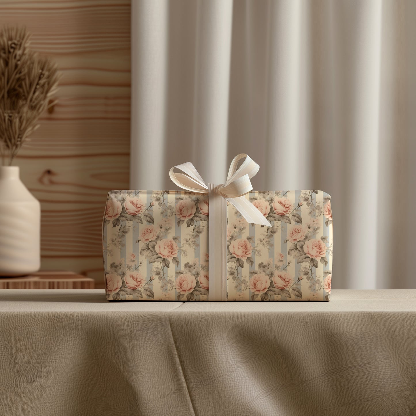 Vintage Coquette Blush Roses with Blue Stripes Gift Wrapping Papers