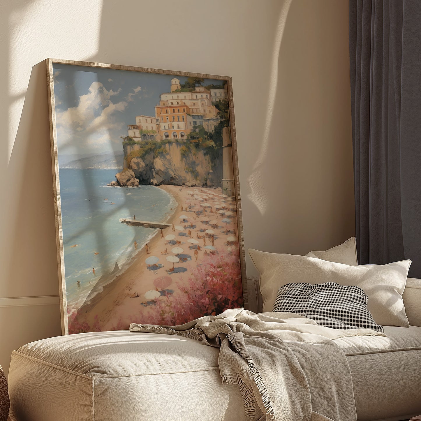 Chic Cliffside Pink Sandy Beach Scene Matte Vertical Poster Art Print