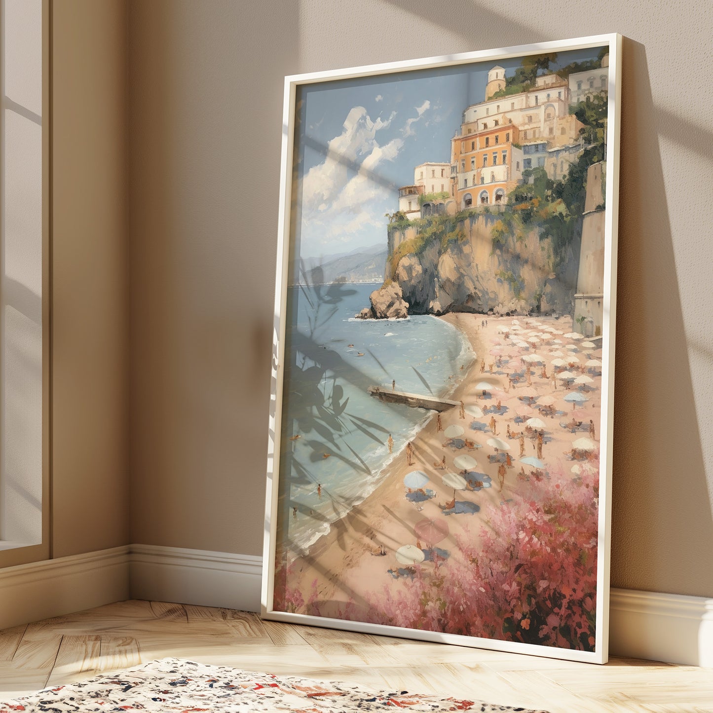 Chic Cliffside Pink Sandy Beach Scene Matte Vertical Poster Art Print